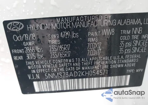 2019 Hyundai Santa Fe Se z USA, uszkodzony, nr VIN 5NMS23AD2KH054571